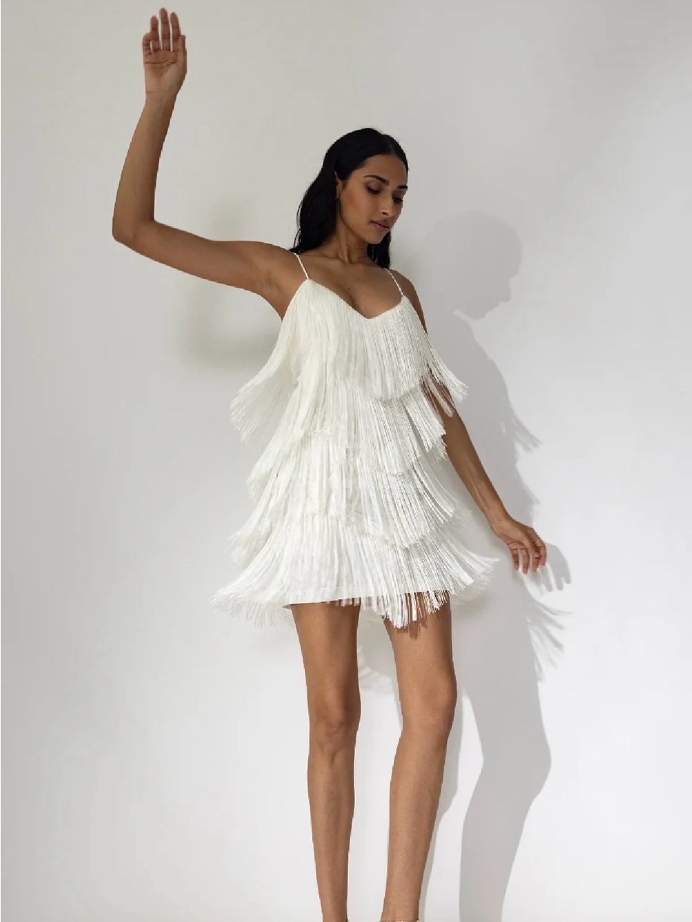 WOMANZE White Fringe Slip Dress - after party, wedding reception dress